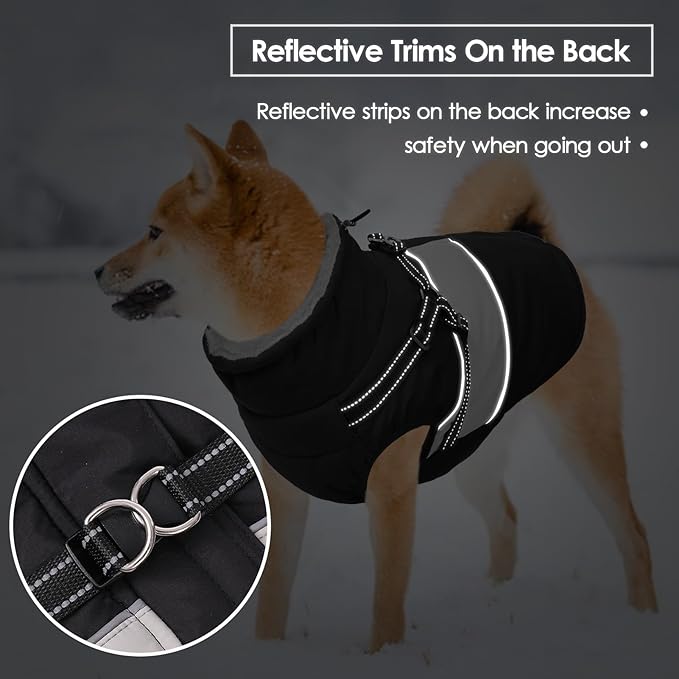 Small Dog Coat with Harness Built in, Warm Dog Jacket Winter with Zipper On Back, Waterproof Pet Snow Jacket Snowsuit Pet Sweater Clothes for Puppy, Black XS