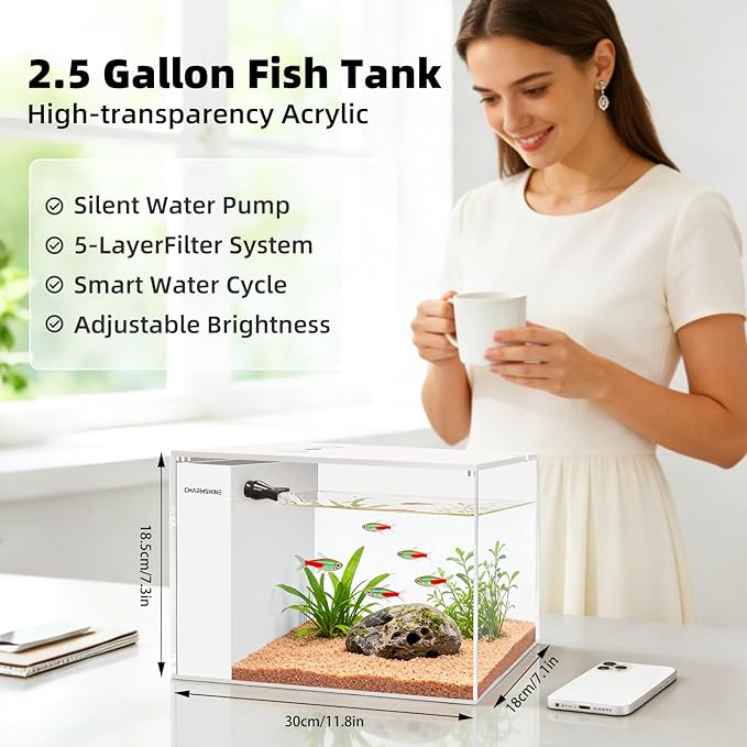 Fish Tank Betta 2.5 Gallon Desktop Small Beta Fish Aquarium Starter Kit with 25W Heater LED Light and Mini Water Pump & Filter Media Compact Aquarium for Betta Fish, Shrimp(White)