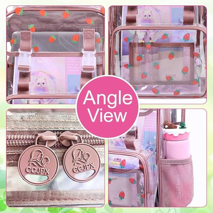 17" Strawberry Clear Backpack for Girls - 3Pcs Flip Design Stadium Approved Set, Campus/School Transparent Bookbag (Pink)