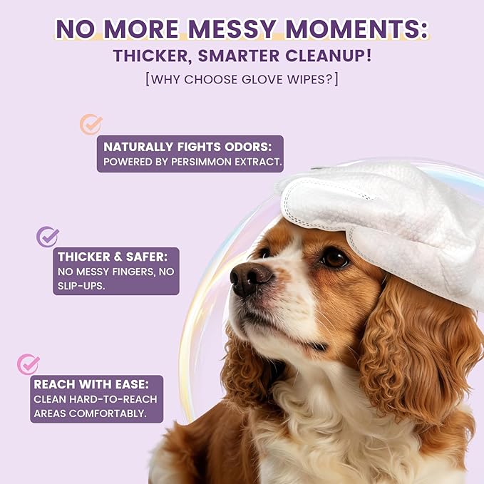 IMMHABI 50 Pcs Cleaning Deodorizing Pet Glove Wipes for Dogs & Cats, Hypoallergenic Dog Bath Wipes with Natural Deodorizer Persimmon Tannin, Pet Bathing Wipes for Horse Coat Care Lavender Scent