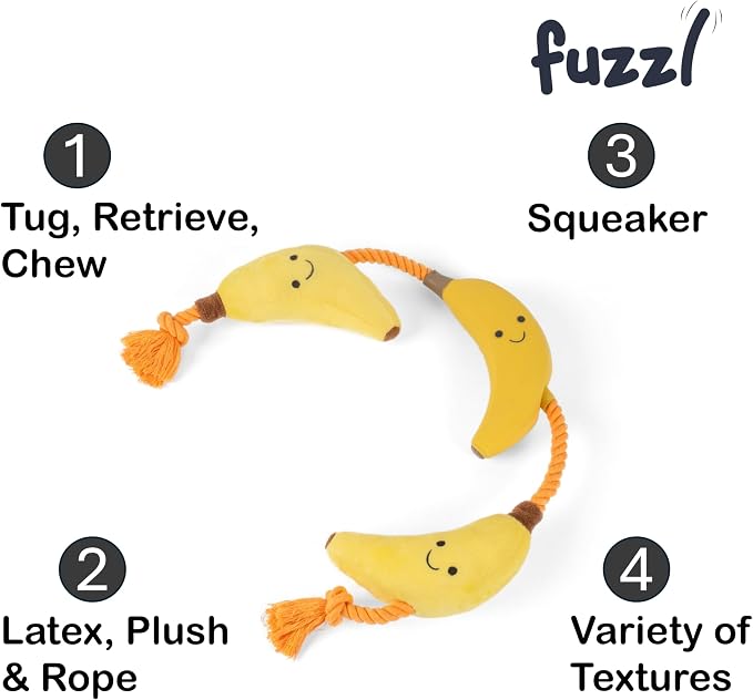 Fuzzl Tugga Bananas Dog Toy 75cm - Rope Latex and Plush Dog and Puppy Throw Fetch and Tug with Squeaker