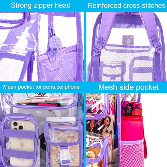 CCJPX 3Pcs Clear Backpack for Girls, School Transparent Bookbag, Heavy Duty See Through Backpacks for Teens Elementary