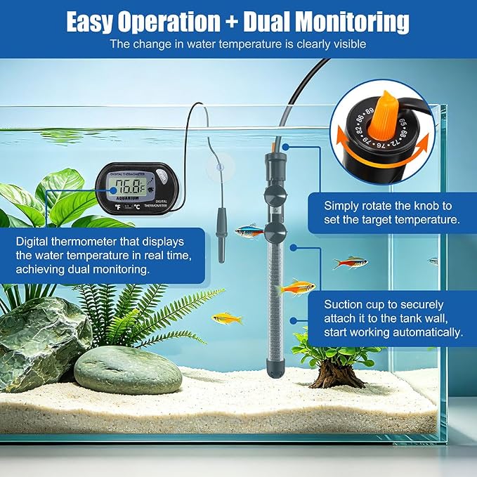 DaToo 300W Adjustable Knob Aquarium Heater Submersible Fish Tank Heater with Digital Thermometer for Saltwater and Freshwater Tanks