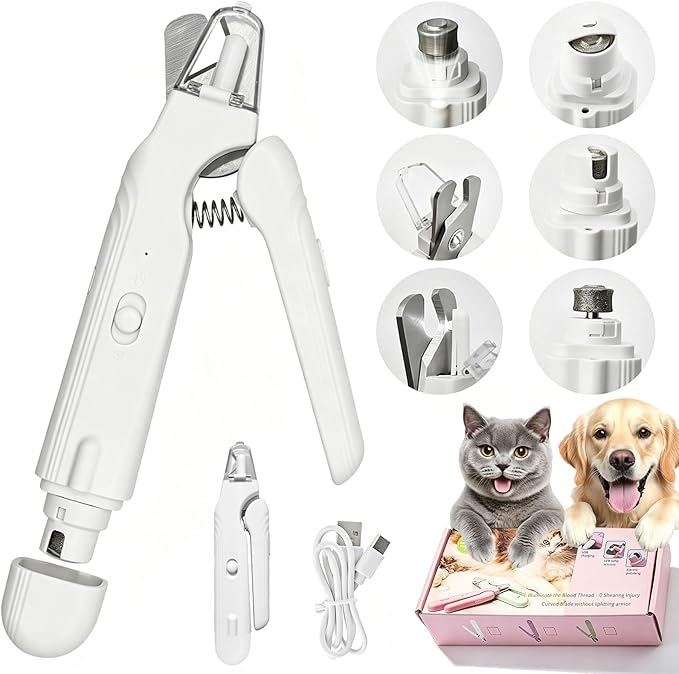 2-in-1 Dog Nail Grinder & Dog Nail Clippers Trimmers for Large Medium Small Dogs Cats Pets Claw Trimmer with LED Lights (White)