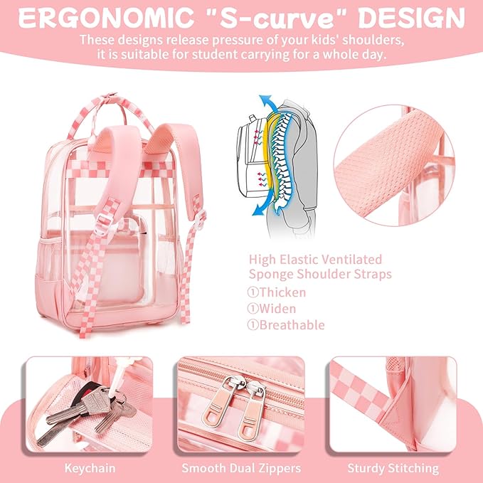 MOONBABY Small Clear Backpack for School Transparent Bookbag for Kids Heavy Duty PVC See Through Backpack Stadium Approved