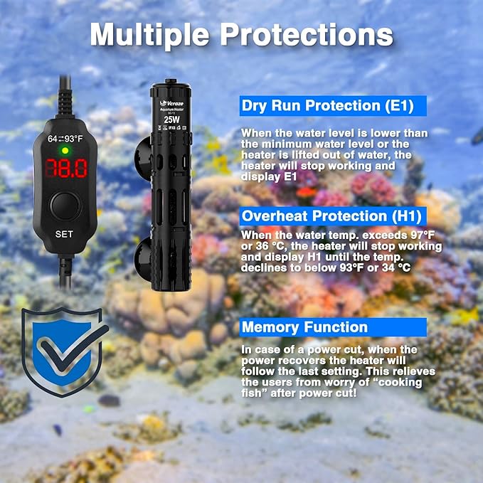 Aquarium Heater 25W, Submersible Fish Tank Heater with LED Digital Display, Auto Power-Off When Leaving Water & High Temp Protection, for Fresh and Salt Water Tanks 3-5 Gal