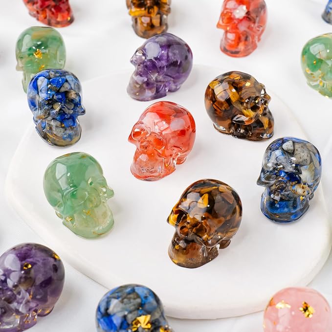 7pcs Crystal Resin Skull Statue Natural Crystal Gravel Skull Home Office Table Decor Gifte