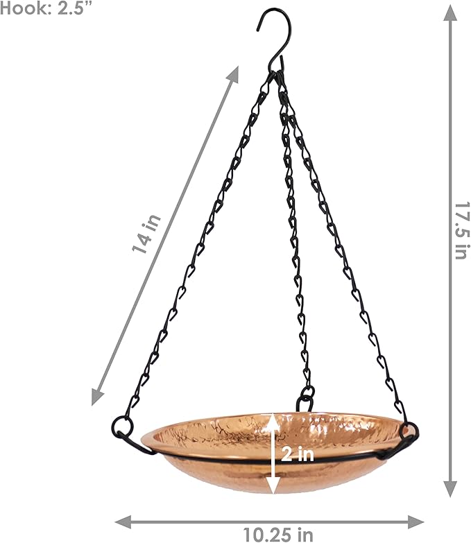 Sunnydaze Hand-Hammered Hanging Bird Bath/Feeder - Detachable Bowl with Hanging Chain - Copper Bird Bath Bowl - 17.5" H