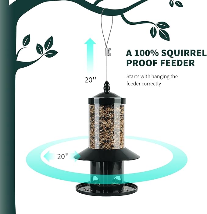 Squirrel Proof Bird Feeder - 360° Feeding Perch Tray for Outdoor Hanging Wild Bird Seeds, Dark Green.