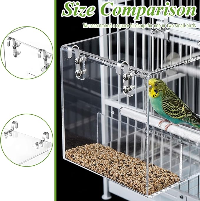 No Mess Bird Feeder for Cage Acrylic, Large Bird Cage Pet Feeder Seed Food Container, for Parakeet Canary Parrot Cockatiels Cockatiels Lorikeet Lovebirds, 6.2 x 6.2 x 6.3 inch