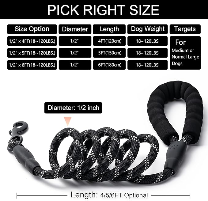 2 Pack Dog Leash, 4/5//6 FT Heavy Duty Nylon Rope Pet Leashes with Comfortable Padded Handle, Reflective Dog Leashes for Small Medium and Large Dogs (5FT-1/2,Black/Green)