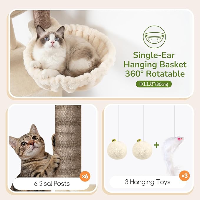 Globlazer Tall Cat Tree Tower for Large Adult Cats, Multi-Level Large 65 Inch Cat Scratching Tower with Hammock, 6 Scratching Posts, Basket and 2 Perches for Indoor Multiple Cats, F65D, Beige