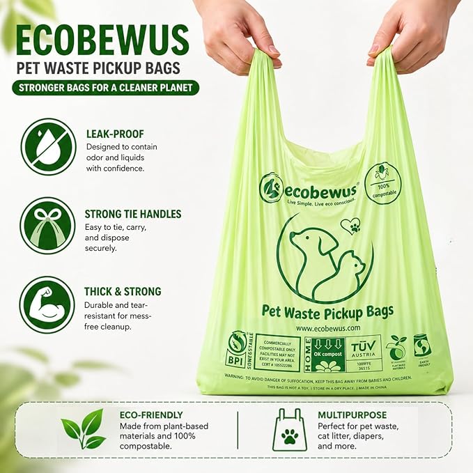 100% Compostable Pet Waste Disposal Bag (140 ct.) Plant-Based Biodegradable Cat Litter Poop Waste Pick-Up Bags with Handles Dog poop Bags Disposable Compost Food Scrap Liners (140 ct.)