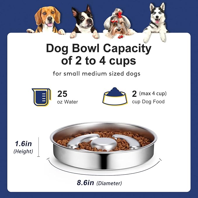 AIPERRO Slow Feeder Dog Bowl Stainless Steel, 2 Cups Metal Non-Slip Dog Food Bowls, Dogs Water Bowl for Small & Medium Sized Dogs, Fun Bloat Stop Pet Bowl for Fast Eaters, Slows Down Pets Eating
