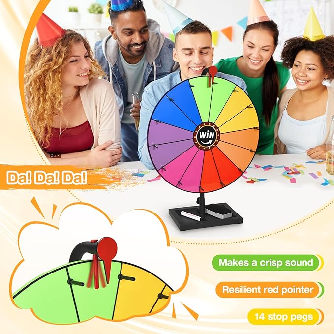 AugFir 18-inch Tabletop Prize Wheel, Prize Wheel Spinner with Stand & Storage Base, Featuring a Prize Wheel with 14 Customizable Color Sections. Suitable for Party Games, Family Games (with line)