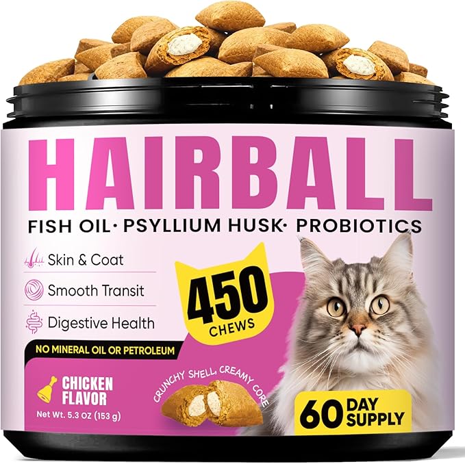 Hairball Treatment for Cats-Natural Coconut & Fish Oils for Smooth Passage & Relief，Cat Hairball Remedy Treats with Fiber & Enzymes Support Skin & Coat，Gut & Digestion Health , Chicken(60-Day Supply)
