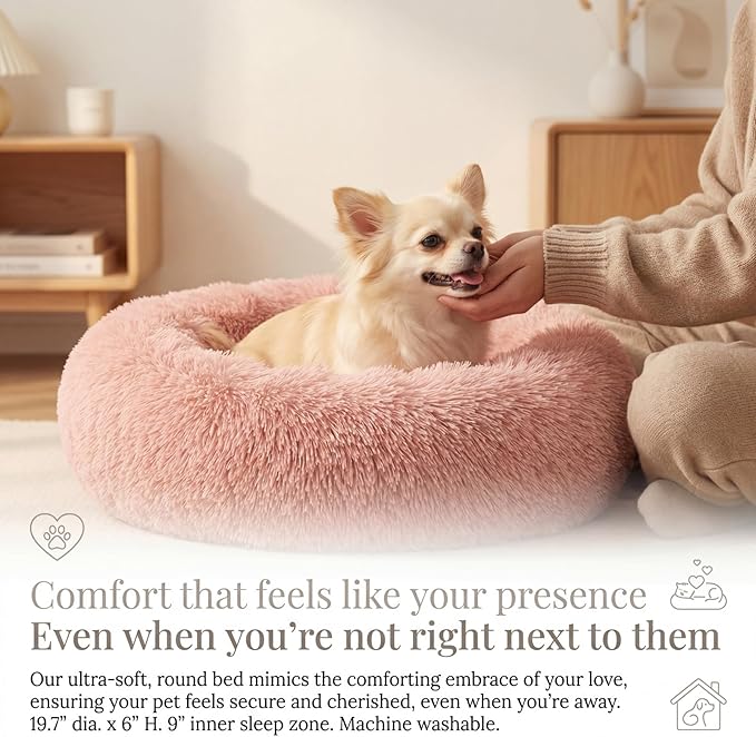 Calming Donut Dogs Beds for Small Dogs Washable,19inch Fluffy Round Puppy Bed for Puppies,Cats & Toy Breeds with Raised Rim,Fits up to 15 lbs Pets,Pink