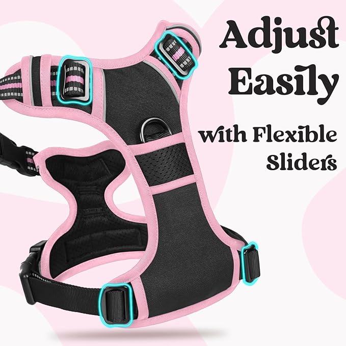 rabbitgoo Dog Harness Medium Sized, No Pull Pet Harness with 3 Buckles, Adjustable Soft Padded Vest with Control Handle, Walking Reflective Pet Vest for Medium Dogs, Black & Pink, M