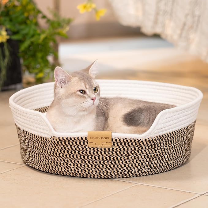CHEERHOME PETS Cat Bed Basket with Cushion, Cotton Rope Woven Pet Bed for Indoor Cats Couch, Stimulicat Cat Bed Handwoven Breathable, All Season Universal (Brown)