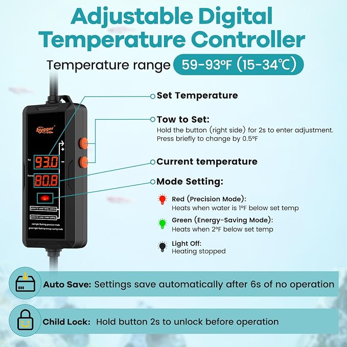 hygger 800W Aquarium Submersible Heater with Controller for 80–200 Gal Tank | Digital Control, Overheat Protection, Dry-run Protection, Alarm Alerts, Freshwater & Saltwater Fish Tanks