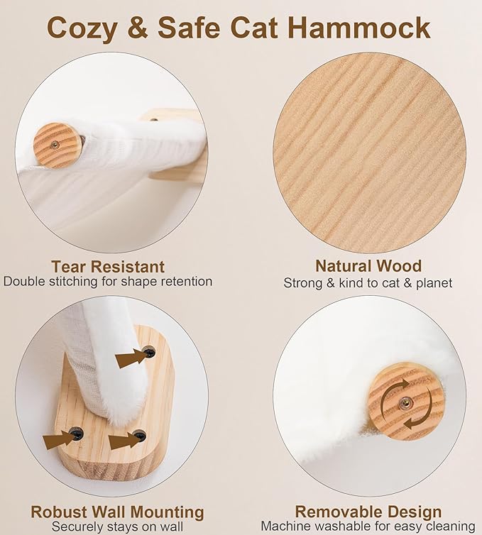 Cat Wall Hammock Set of 3, Wall Shelves with 1 Floating Fabric Hammock, 2 Cat Ladders with 4 Steps Each, Wall Mounted Bed Furniture & Climber for Large Cats