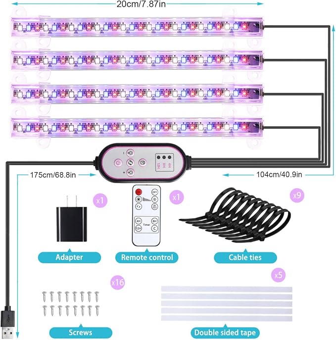 Hywyimlait 7.8'' Growing Lamp for Indoor Plants, Red & Blue & Yellow Full Spectrum, LED Grow Light Strips with 4/8/12H Timer,10 Dimmable Levels for Green House Succulent,4 Head