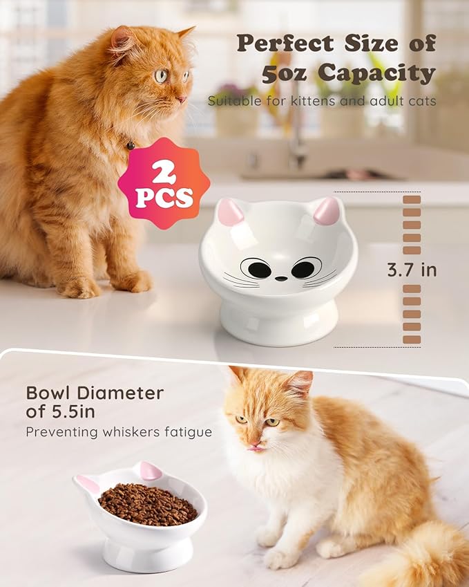 2Pcs Raised Cat Food Bowl Ceramic 15 Tilted Bowls Protect Cat's Spine, Anti Vomiting Backflow Prevention, Adult Cats, Kitten, Small Dogs, Pink&Blue