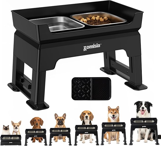 ZOMISIA 3-in-1 Elevated Dog Bowls - 6 Height Adjustable Raised Dog Bowl Stand, Double Deck Design Mess Proof, Feeding Station with 2 Stainless Steel Bowls & Licking Plate for Small Medium Large Pets