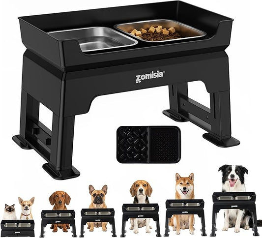 ZOMISIA 3-in-1 Elevated Dog Bowls - 6 Height Adjustable Raised Dog Bowl Stand, Double Deck Design Mess Proof, Feeding Station with 2 Stainless Steel Bowls & Licking Plate for Small Medium Large Pets