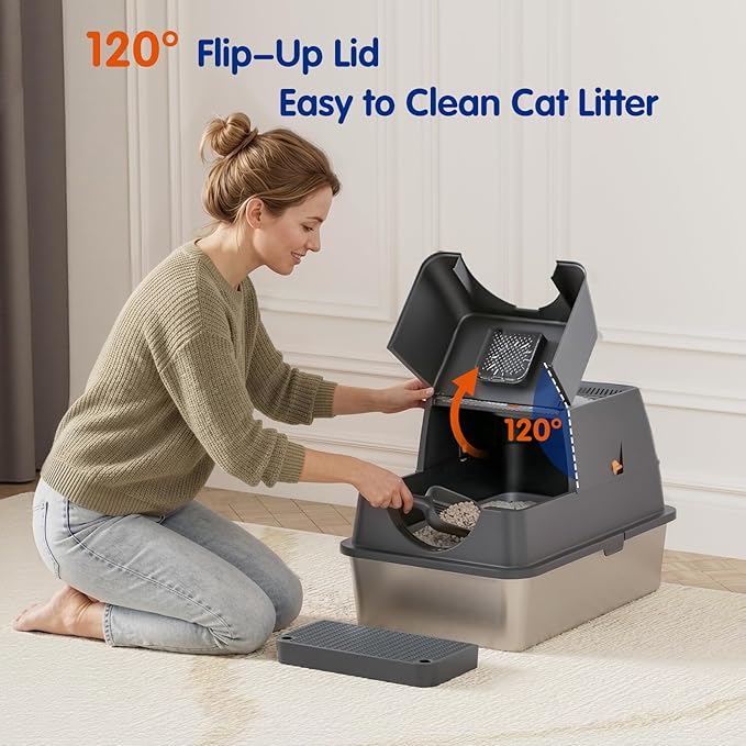 Stainless Steel Litter Box with Lid, XL Extra Large Cat Litter Box Enclosure, Front & Top Entry Covered Metal Cat Box with Steps & Scoop, Easy Cleaning