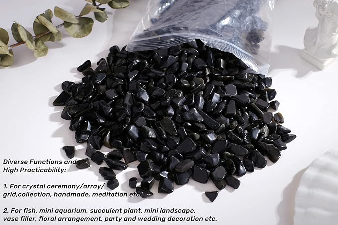 QINJIEJIE 400G Black Obsidian Crystal Polished Rocks 0.3-0.4" Tumbled Stones Chips Stone Crushed Quartz Natural Gem Home Decoration Aquarium Plants Cacti Vase Filler Landscape Bottom Ornament 0.9lb