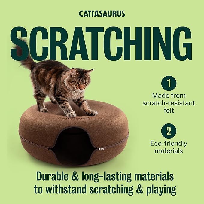 Cattasaurus Peekaboo Cat Cave Donut for Multiple & Large Cats up to 30-45 lbs, 3-in-1 Self Warming Cat Bed, Tunnel & Scratcher for Indoor Cats, Washable & Detachable Small Dog Bed (Brown, Jumbo)
