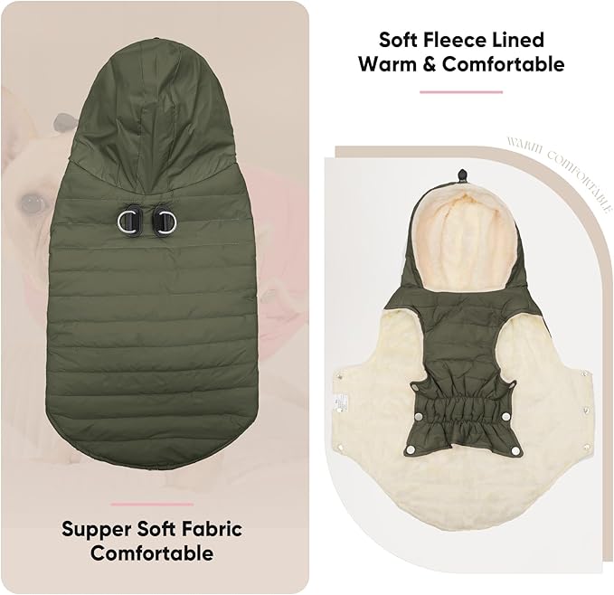 Vecomfy Fleece Lining Dog Hoodie with Harness Built in,Extra Warm Large Dog Jacket in Winter Doggie Coats with Drawstring Hooded,Green XXXL