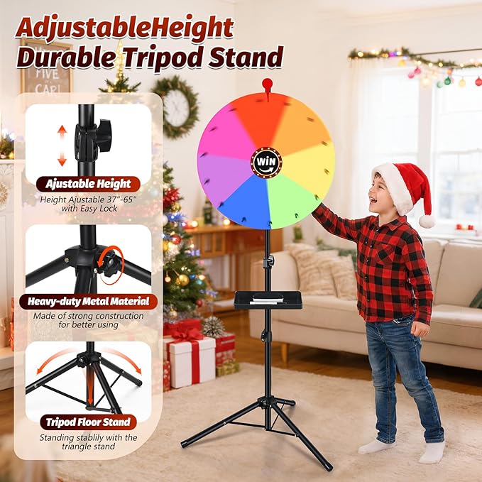 GADFISH Spinning Prize Wheel, Ajustable 37"-65" Height Spin Doodle Game Spinner, Storable Prize Wheel Spinner with Stand, Wheel of Fortune Game, 14 Slots (18")