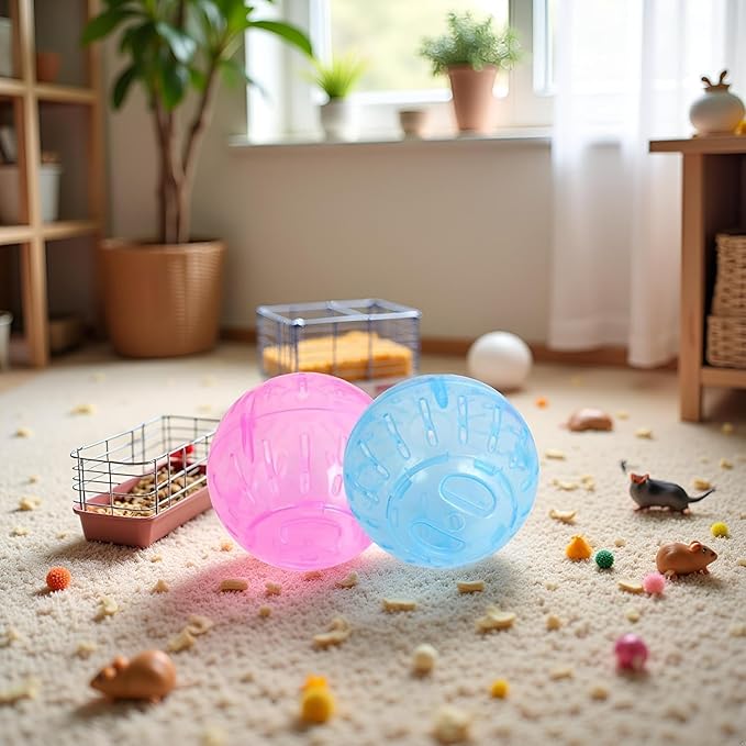 2Pcs 3.94 Inch Rotundity Hamster Balls, Breathable and Sturdy Dwarf Hamster Exercise Balls Running Wheel Gerbil Toys, Small Animals, Portable Small Pet Supplies (Blue and Pink)