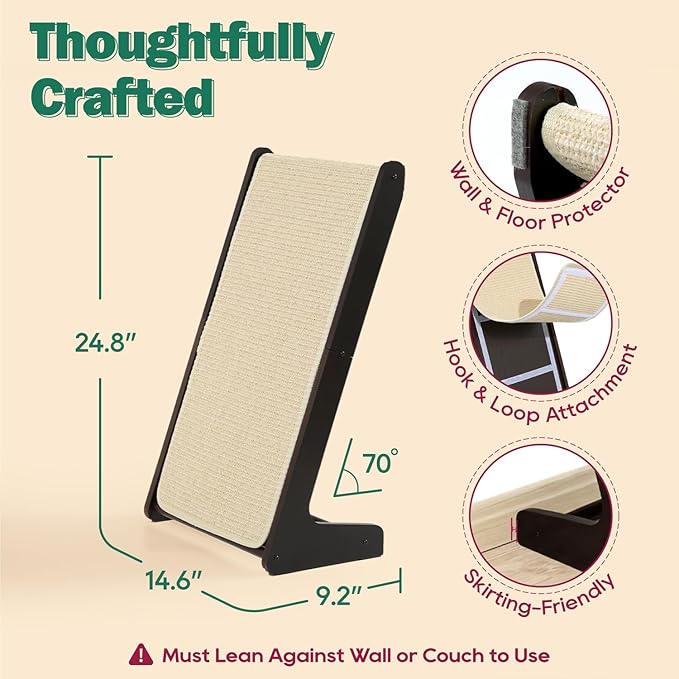 Zakkart L-Shaped Sisal Cat Scratcher, 24.8'' Tall Convertible 70° Vertical Scratching Pad & 20° Ramp Scratcher, Natural Sisal Mat, Solid Wood Frame, Helps Protect Furniture, Easy Assembly (Dark)