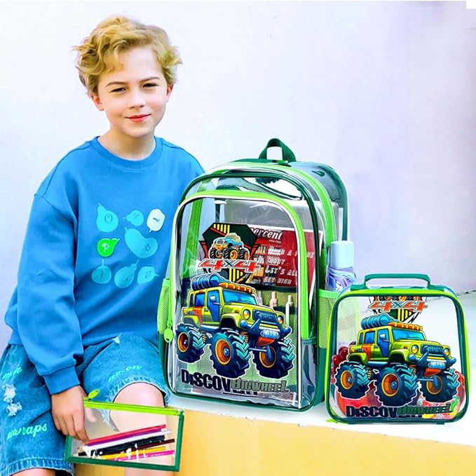 AGSDON 3PCS Clear Backpack for Boys, 16" Truck Transparent Bookbag Heavy Duty,See Through Backpacks with Lunch Bag- Green Truck
