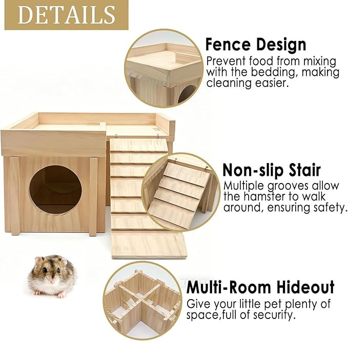 Wooden Hamster Hideout,Dwarf Hamster Hide House with Platform & Bowl & Ladder,Small Hamsters Maze Hut Hides Habitats Decor Cage Accessories for Gerbils,Mice,Mouse