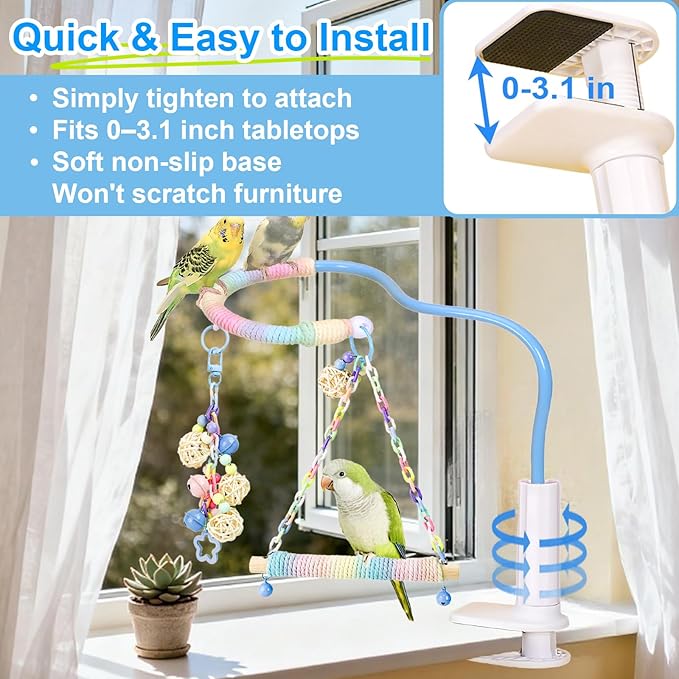 Flexible Bird Perch Stand with Swing - Desktop Playground & Bird Toy for Conure, Cockatiel, Budgie, Lovebird, Parakeet - Non-Slip Adjustable Parrot Perch (Blue)