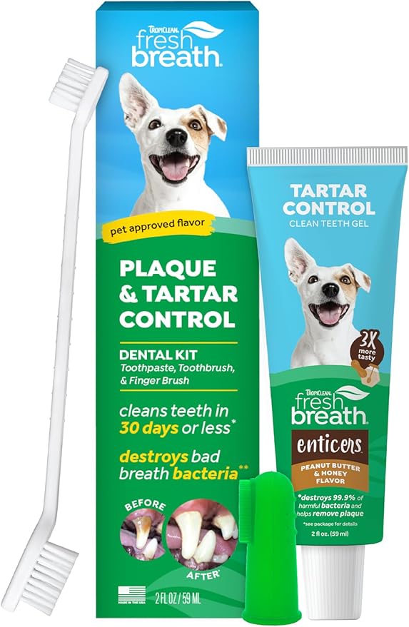TropiClean Fresh Breath Plaque & Tartar Control Kit | Dog Toothpaste, Toothbrush & Finger Brush | Dog Toothbrushing Kit | Peanut Butter Flavor