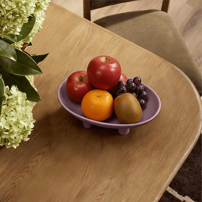 Three-Leg Ceramic Fruit Bowl, 10 Inch Oval Serving Dish for Kitchen Counter, Candy or Key Holder, Home Decor Accent Purple
