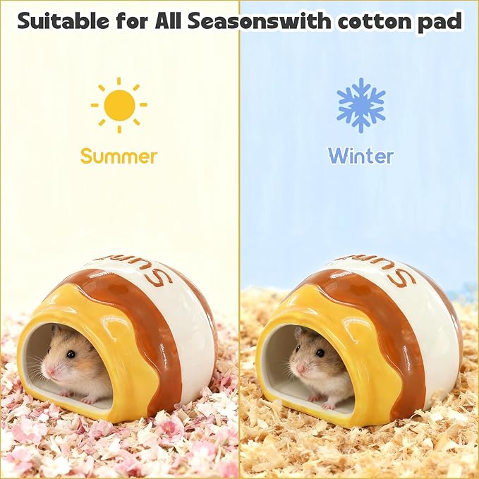 WishLotus Ceramic Hamster Hideout, Cute Honey Jar Shaped Hamster House, Large-Opening Small Animal Hideout, Small Animal Hideout Habitat Decor for Dwarf Hamsters Gerbils Chinchilla (Yellow-Brown)