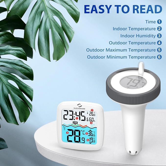 Nuovoware Digital Floating Pool Thermometer, Easy Read Screen Display | Wireless Thermometer, Remote Water IPX8 Waterproof for Swimming Pools, Fish Tank, Hot Tub