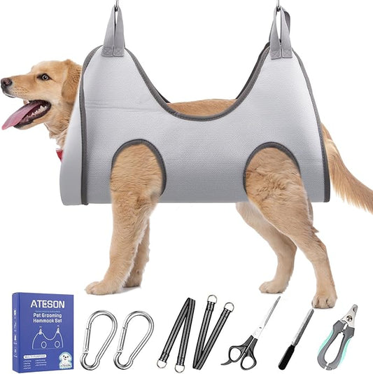 ATESON Pet Grooming Hammock Harness for Medium/Large Dogs Nail Trimming, Dog Sling for Cutting Nails, Dog Hanging Holder Hanger with Nail Clippers, Nail File, Scissors
