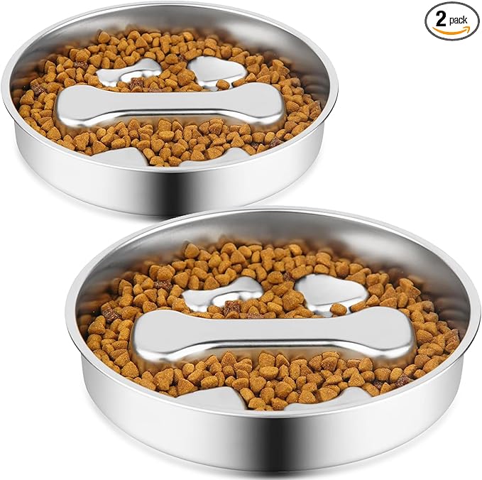 Stainless Steel Slow Feeder Dog Bowls,2 Pcs Slow Food Bowl for Dog & Cat - 2 Cups Capacity,Bone-Shaped Design Pet Food Holder,Metal Non-Slip Lick Plate,Puzzle Maze Dish for Small & Medium Sized Breeds