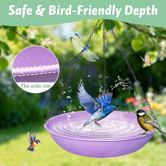 Hanging Bird Bath for Outdoors,Metal Birdbath Bowl with Magnetic Dragonfly Decor Garden Bird Feeder & Water Basin for Backyard,Patio,Decoration,11 Inch Purple Speckled