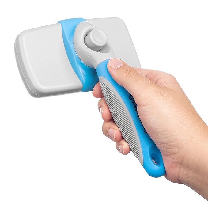 Freshly Bailey Self Cleaning Slicker Brush for Dogs and Cats - Hair Brush for Medium to Long-haired Pets - Effective, Comfortable, and Easy to Clean - White and Blue