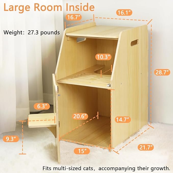 Cat Litter Box Enclosure,Enclosed Litter Boxes,Top Entry Cat Enclosure Furniture,Tall Enclosed Pet Cabinet, Wooden Washroom with Filter and Stairs for Indoor Cats,Dog Free (Natural)