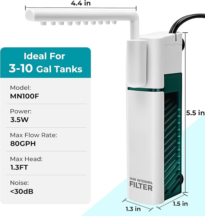 Small Aquarium Filter, 3.5W Internal Filter for 3-10 Gallon Fish Tanks | 80GPH F.Max, Quiet 30 dB, Aeration or Rainfall Mode, Adjustable Water Flow, Sponge & Filter Balls, Fits 3-10 Gallon Tanks