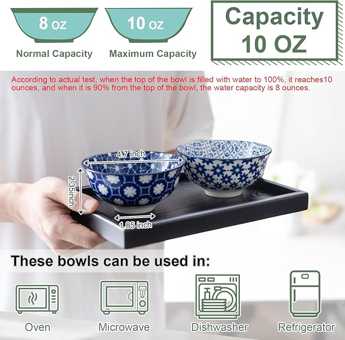 AntoKueh Blue and White Ceramic Bowls Set of 6, 10 oz Small Dessert bowl 4.7in for ice cream, Snack, Porcelain bowl for Dipping, Microwave & oven Safe